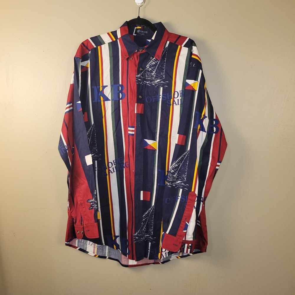 Keeler Bay Mens LT Button‎ up Shirt Large Stripes Offshore Sailing Nautical Wear